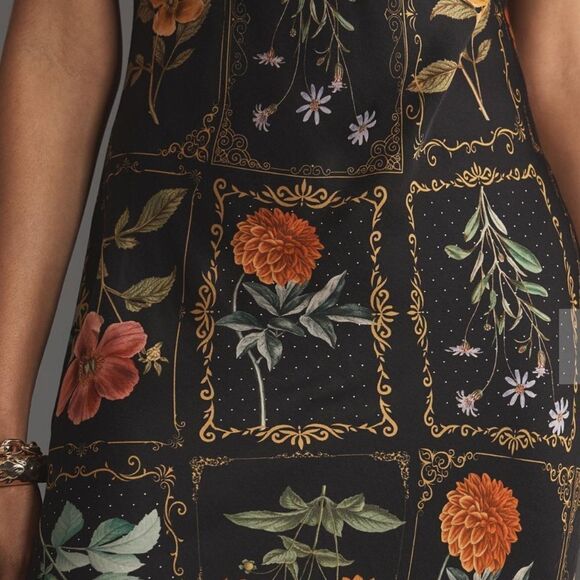 Anthropologie Black Floral Print Tie Neck Column MIDI Dress - Picture 3 of 6